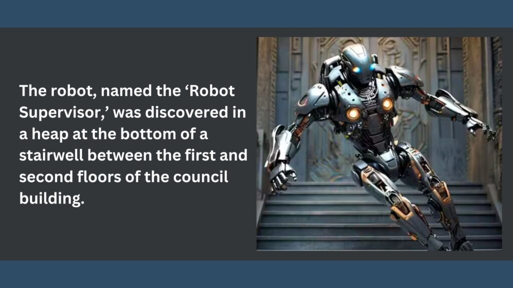 The robot, named the ‘Robot Supervisor,’ was discovered in a heap at the bottom of a stairwell between the first and second floors of the council building.